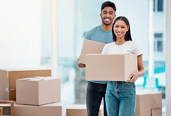 Image showing Box, moving and portrait of couple in new home excited for property, apartment and real estate investment. Relationship, mortgage and happy man and woman carry boxes for relocation, move and house