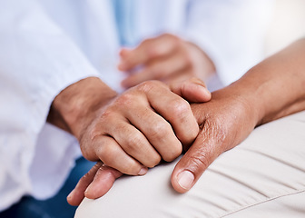 Image showing Hand holding, support and doctor, patient or people for healthcare advice, sad news or mental health service. Medical person consulting in hospital, helping and empathy hands for hope or depression