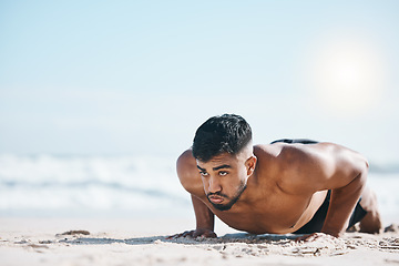 Image showing Man, beach and pushup on sand for fitness, workout or exercise for mockup space in summer sunshine. Young guy, bodybuilder and training for health, wellness and strong body with sea mock up on ground