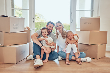 Image showing Portrait, parents and kids on floor of new house, real estate and property loan for family home. Happy children, mom and dad moving together for building investment, mortgage and boxes in apartment