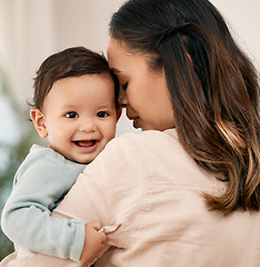 Image showing Love, portrait and mother with baby, happy and smile during child development routine in their home together. Family, face and mom with girl toddler in living room having fun, embrace and loving