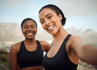 Image showing Fitness friends in selfie at beach, women face after workout together with happiness and active life outdoor. Exercise in nature, healthy and happy with female people training and smile in picture