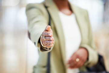 Image showing Business woman, handshake and meeting for introduction, hiring or welcome in b2b agreement or deal at the office. Hand of female person or employee shaking hands for recruiting, greeting or thank you