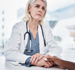 Image showing Empathy, sad and holding hands of doctor and patient for medical, consulting and advice. Medicine, healthcare and help with closeup of people in hospital for depression, compassion and hope