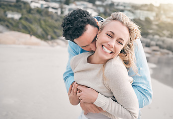 Image showing Travel, happy and couple hug on beach for holiday, vacation and weekend for anniversary. Love, marriage and mature man and woman laughing for embrace, bonding and quality time for happiness at ocean