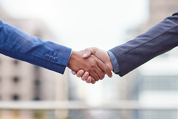 Image showing Handshake, business teamwork and people of city with success, staff agreement and partnership. Closeup of team, collaboration and deal of workers in support, greeting and welcome with shaking hands