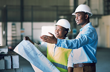 Image showing Black people, architect and blueprint in construction, planning or teamwork for project management on site. African man and woman contractor with floor plan and documents for industrial architecture