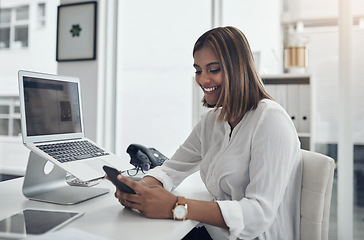 Image showing Phone, typing and business woman with happy communication, online news or job networking at her office desk. Planning, working and young person on mobile app, chat or feedback for career opportunity