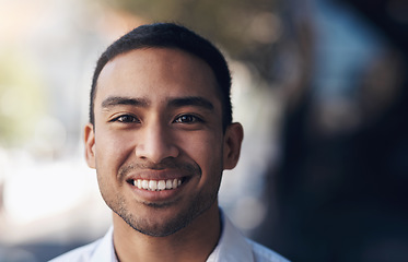 Image showing Happy, smile and portrait of business man in city for mockup space, career or professional. Happiness, mindset and pride with face of Indonesia male employee for corporate, entrepreneur and natural