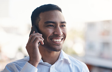 Image showing Phone call, business and happy man in city communication, networking and contact, feedback or advice. Professional asian person or corporate worker listening and talking on mobile chat outdoor