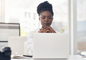 Image showing Business, woman and reading on a laptop with internet in africa for entrepreneurship for a company. Professional female, computer and focus for research for working online at a startup or office.