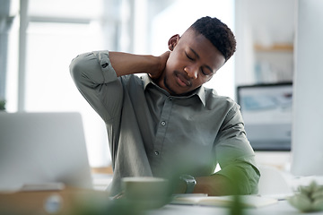 Image showing Black man, neck pain and stress in office from burnout, anxiety or overworked pressure and debt. Tired or frustrated African male person in fatigue, discomfort or joint injury at the workplace