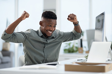 Image showing Black man, laptop and celebration for winning, success or victory and bonus in promotion at office. Excited African male person in joy with fists for win, lottery or prize on technology at workplace