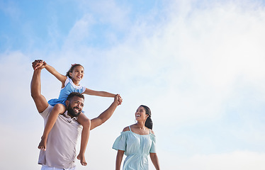 Image showing Piggyback, beach or parents walking with a girl for a holiday vacation together with happiness in summer. Holding hands, mother and father playing or enjoying family time with a happy child or kid