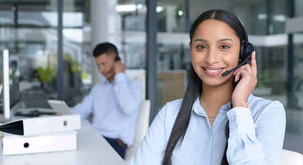 Image showing Woman in portrait, smile and call center with CRM, contact us and communication with headset at office. Happy female consultant in customer service, telemarketing or tech support with help desk job