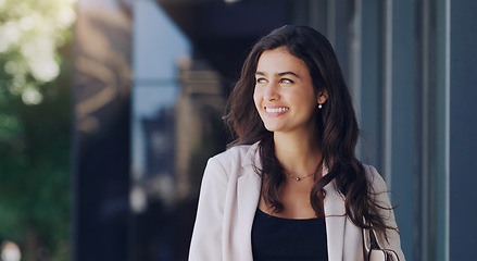 Image showing Happy, corporate and business woman in city for mockup space, professional or happiness. Commute, modern and natural with female employee thinking in urban outdoor for motivation, confident and pride