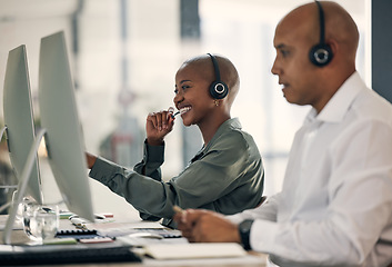 Image showing Customer service, talking and a woman with a headset at computer for call center sales. African female and man or team in crm, telemarketing or help desk support for account solution or advice