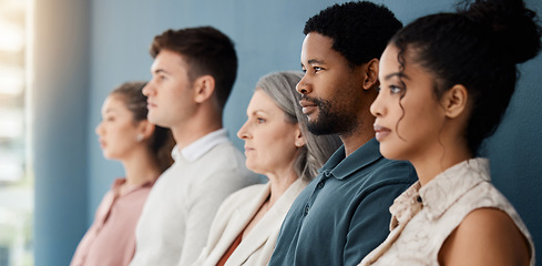 Image showing Hiring, row and business people waiting for job interview, vacancy and career opportunity in office. Corporate, diversity and men and women candidates for hr meeting, recruitment and employment