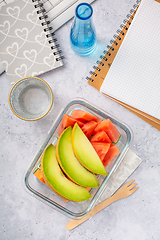 Image showing Healthy snack at office workplace, organic vegan meals from take away lunch box