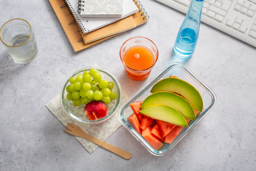 Image showing Healthy snack at office workplace, organic vegan meals from take away lunch box