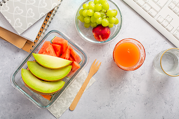 Image showing Healthy snack at office workplace, organic vegan meals from take away lunch box