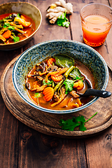 Image showing Thai red vegetarian curry with mushrooms and vegetables