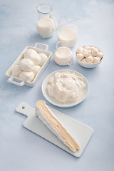 Image showing Assortment of milk products - buttermilk, kefir, yogurt with pro