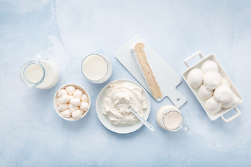 Image showing Assortment of milk products - buttermilk, kefir, yogurt with pro