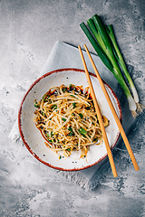 Image showing Korean bean sprout salad - spicy mung bean sprouts salad with garlic, sesame seeds, green onions and soy sauce