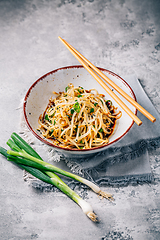 Image showing Korean bean sprout salad - spicy mung bean sprouts salad with garlic, sesame seeds, green onions and soy sauce