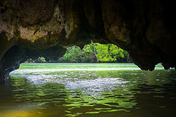 Image showing Caves in limestone cliffs, Phang Nga Bay, Thailand