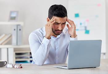 Image showing Businessman, laptop and headache in stress, depression or mistake and overworked at office. Frustrated and tired asian man by computer with anxiety, debt or bankruptcy in mental health at workplace