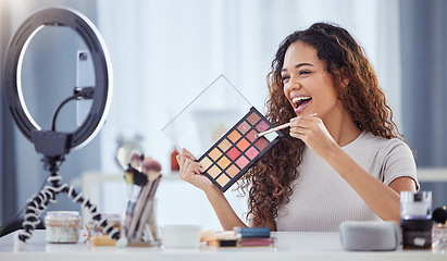 Image showing Makeup pallet, influencer and happy woman streaming tutorial for beauty, skin and broadcast for cosmetics. Live stream, filming and content creator, make up artist vlogging with color and skincare.