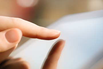 Image showing Hand, woman and touching tablet, screen and responsive technology for typing online with an app, network or social media. Hands, touchscreen and reading news, blog or search on internet website