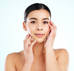 Image showing Face, beauty skincare and woman in studio isolated on a white background. Portrait, natural aesthetic and confident female model with cosmetics for spa facial treatment, healthy skin and wellness.