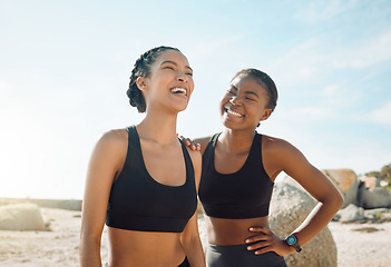 Image showing Fitness friends laughing at beach, women workout together with happiness and active lifestyle outdoor. Exercise in nature, healthy and happy with female people have funny conversation while training