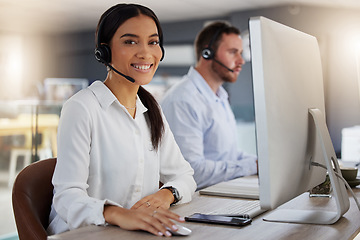 Image showing Call center, consulting and computer with portrait of woman in office for communication, customer service or help desk. Happy, sales and advice with employee for commitment, contact us and hotline