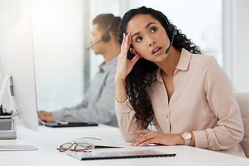 Image showing Business woman, call center and frustrated in stress, burnout or customer service at office. Annoyed and tired female person, consultant or agent talking to difficult client or complaint at workplace