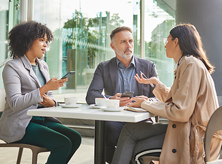 Image showing Business people, cafe and meeting for discussion, question or team building for planning in city. Businessman, women and teamwork at coffee shop with listening for vision, brainstorming or strategy