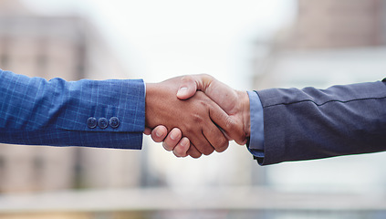 Image showing Handshake, business people and motivation of staff with success, agreement and partnership. Teamwork, collaboration and deal of businessman with a greeting and yes hand sign with shaking hands