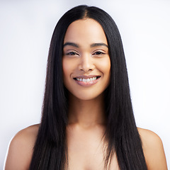 Image showing Face, smile and straight hair of woman in studio isolated on a white background for skincare. Portrait, haircare and female model in natural makeup, cosmetics and salon treatment for beauty hairstyle