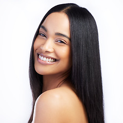 Image showing Beauty, happy face and straight hair of woman in studio isolated on a white background for skincare. Portrait, haircare and female model in natural makeup, cosmetics and salon treatment for hairstyle