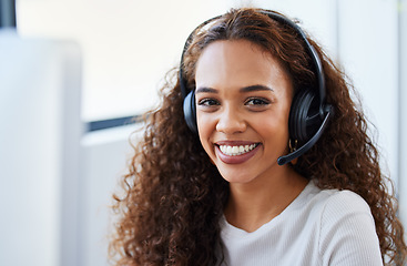 Image showing Call center, consulting and portrait of woman in office for telemarketing, customer service and ecommerce help desk. Advisory, sales and contact us with female consultant at computer for crm agent