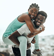 Image showing Black people, piggyback and couple hiking outdoor with smile and fitness in portrait. Excited, travel and workout together with trekking, man with woman and happiness in relationship with exercise