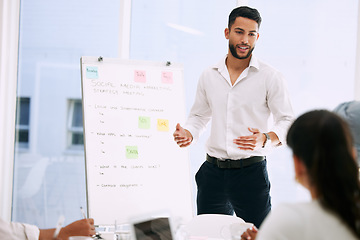 Image showing Whiteboard, presentation and business people with manager in meeting for social media marketing, ideas and planning. Presenter or man speaking to employees, creative agency and training for project