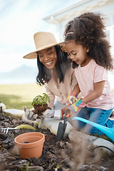 Image showing Gardening, mother and child with plant in soil for learning environmental, agriculture and nature skills. Landscaping, family and happy girl with mom planting sprout in fertilizer, dirt and earth