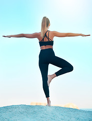 Image showing Back, yoga and woman outdoor, meditation and exercise with wellness, stretching and health. Female person, athlete and girl outside, pilates training and workout goal with fitness, chakra and peace