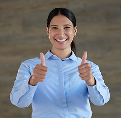 Image showing Portrait, business woman and thumbs up for success isolated on wood background for support, like or okay sign. Happy face of person in Mexico or winner with yes, winning and agreement hands or emoji