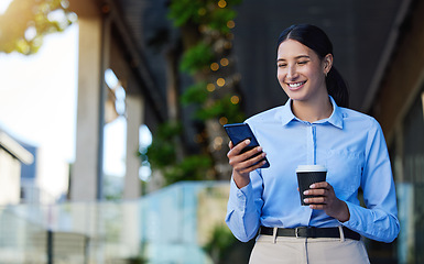 Image showing Phone, coffee and business woman in city for communication, social media or networking outdoor. Professional person on mobile, internet or reading email, Web 3.0 and news of job or career opportunity