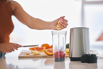 Image showing Fruit, smoothie and morning with hands of woman in kitchen for gut health, diet and breakfast. Wellness, detox and nutrition with closeup of female person at home for cooking, juice and weight loss